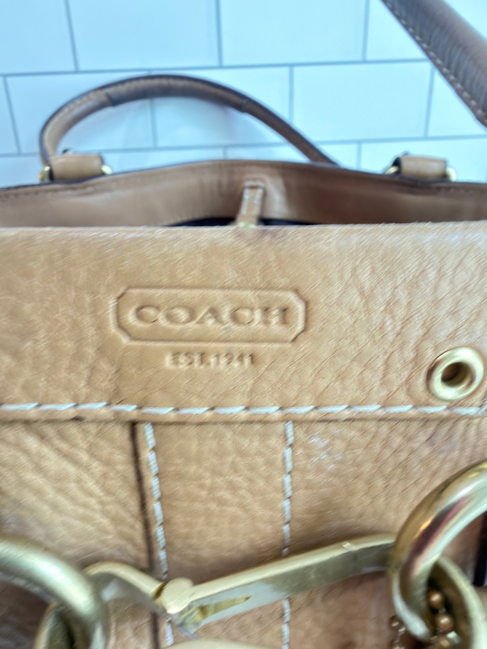 COACH VINTAGE HAMPTON PEBBLED LEATHER SHOULDER BAG BRAIDED ACCENTS Tan - Picture 5 of 14